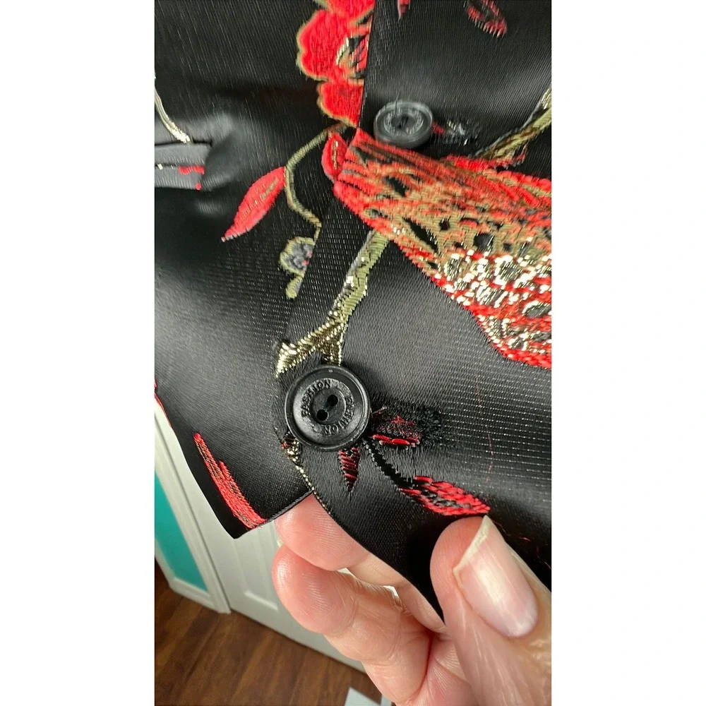 Satin‎ Floral Brocade Vest Gothic Romantic Asian Inspired Black Red XS